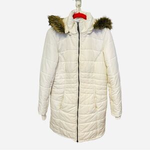 Susan Graver White Midi Puffer Coat Removable Hood Faux Fur Trim Women’s Small